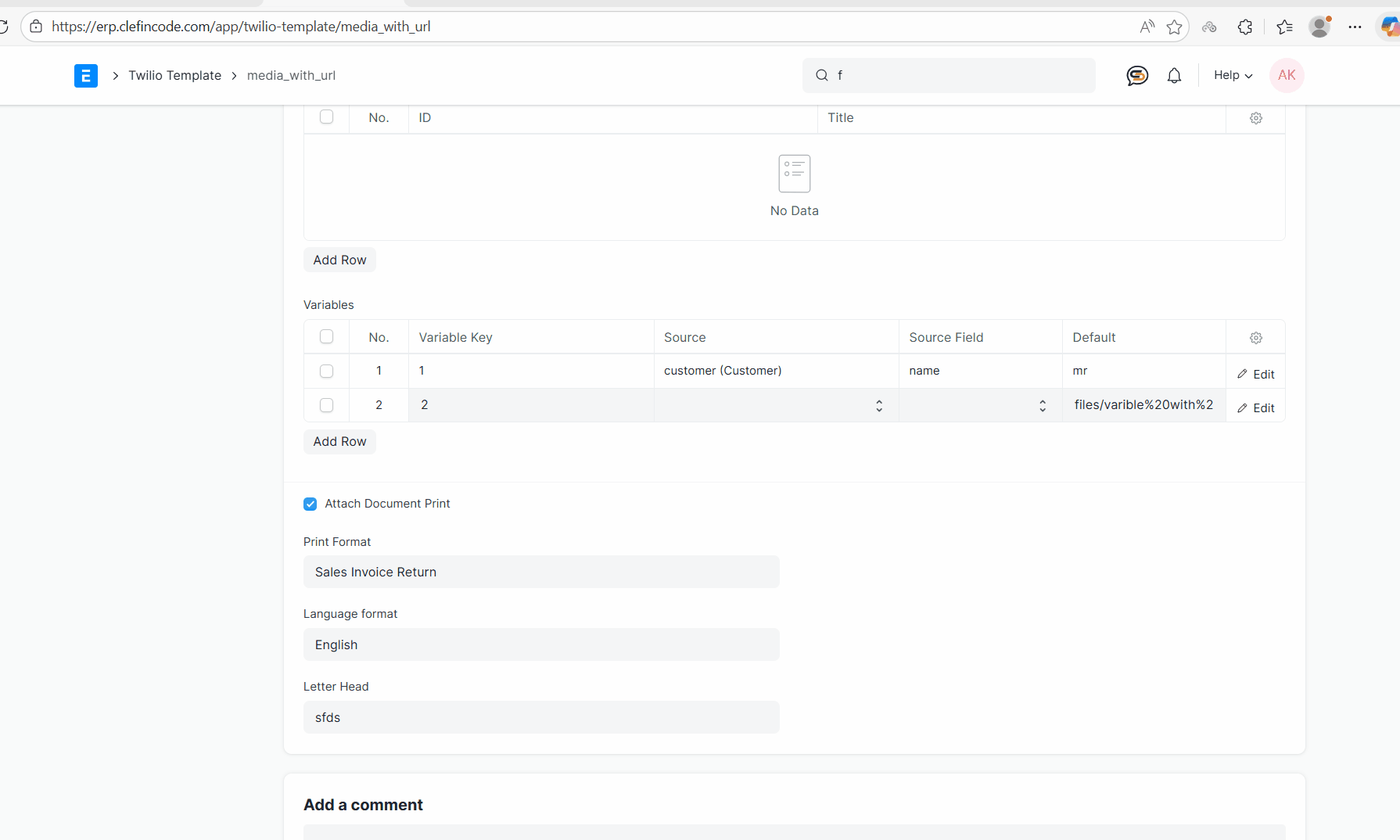 test to sent template